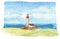 Watercolor lighthouse landscape. Red roof lighthouse.