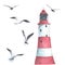 Watercolor lighthouse and seagulls