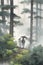 In watercolor-like scene, an Asian couple explores serene, misty depths of green forest, finding love in nature embrace