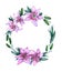 Watercolor lily wreath on white