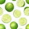 Watercolor lime seamless pattern. Hand drawn botanical illustration of citrus slices and fruit split