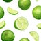 Watercolor lime seamless pattern. Hand drawn botanical illustration of citrus slices and fruits isolated on white