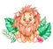 Watercolor lion on a white background in tropical leaves