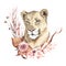 Watercolor lioness portrait with flowers. African animlas clipart.