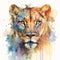 Watercolor lioness portrait painting. Realistic wild animal illustration on white background. Created with Generative AI