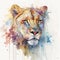 Watercolor lioness portrait painting. Realistic wild animal illustration on white background. Created with Generative AI