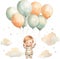 Watercolor Little Baby Floating with Balloons Nursery Happy kid outdoor Birthday Invitation Girl Boy