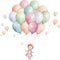 Watercolor Little Baby Floating with Balloons Nursery Happy kid outdoor Birthday Invitation Girl Boy