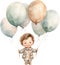 Watercolor Little Baby Floating with Balloons Nursery Happy kid outdoor Birthday Invitation Girl Boy