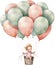 Watercolor Little Baby Floating with Balloons Nursery Happy kid outdoor Birthday Invitation Girl Boy