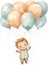Watercolor Little Baby Floating with Balloons Nursery Happy kid outdoor Birthday Invitation Girl Boy