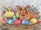 Watercolor little brown rabbit is sitting in the basket. Easter bunny and yellow chick, decorative eggs blue, green, red. Horizo