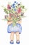Watercolor little girl with flowers. Cute kids illustration. Baby Girl in blue dress. Big wildflowers bouquet. Schoolgirl clipart