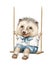 Watercolor little hedgehog in clothes rides on a swing