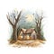 Watercolor little house in night autumn forest, moon, trees, halloween landscape