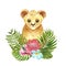 Watercolor little lion with tropical floral bouquet. Cute cartoon lion cub, palm leaves, protea king flower, isolated on white