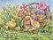 Watercolor little rabbit. Easter bunny and yellow chick. Decorative eggs blue, yellow, red. Horizontal view, copy-space. Templa