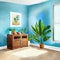 Watercolor of Living room with cabinet on blue wall digitally