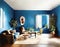 Watercolor of A living space with blue wall