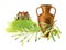 Watercolor llustration of ceramic amphora for olive oil with olive branch and a farm house isolated on a white
