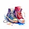 Watercolor logo sneakers. Bright youth sneakers with loose laces.