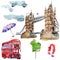 Watercolor London illustration. Great Britain hand drawn symbols.