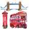 Watercolor London illustration. Great Britain hand drawn symbols. British bus