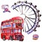 Watercolor London illustration. Great Britain hand drawn symbols. British bus