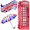 Watercolor London illustration. Great Britain hand drawn symbols. British phone.