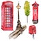 Watercolor London illustration. Great Britain hand drawn symbols. British phone.