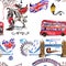 Watercolor London pattern illustration. Great Britain hand drawn symbols.