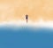 Watercolor loneliness Asian woman ware blue bikini travel alone sunbathing on the beach yellow sand and blue sea in summer season