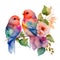 Watercolor Love Birds couple with flower, Watercolor style isolated on white background.