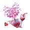 Watercolor love potion elixir in heart shaped bottle with crystal on ribbon and glass wine illustration on pink