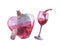 Watercolor love potion elixir in heart shaped bottle and glass wine illustration on white background with splatter.
