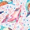 Watercolor lovely dolphins seamless pattern on background with bubbles.