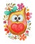 Watercolor lovely owl with heart and flowers