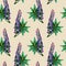 Watercolor lupins. Seamless bright colorful summer flower pattern on beige