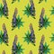 Watercolor lupins. Seamless bright colorful summer flower pattern on olive