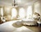 Watercolor of Luxurious bedroom with opulent white