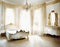 Watercolor of Luxurious bedroom with opulent white