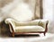 Watercolor of luxurious velvet chaise longue with wooden frame