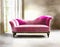 Watercolor of luxurious velvet chaise longue with wooden frame