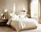 Watercolor of Luxury bedroom interior with beige bedding and
