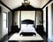 Watercolor of Luxury farmhouse decor with rich black accents bedroom