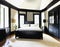 Watercolor of Luxury farmhouse decor with rich black accents bedroom