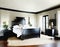 Watercolor of Luxury farmhouse decor with rich black accents bedroom