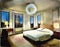 Watercolor of Luxury penthouse bedroom at night