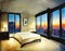 Watercolor of Luxury penthouse bedroom at night