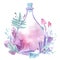 Watercolor magic bottle with crystals and floral elements. Glass perfume flask, elixir or poison.